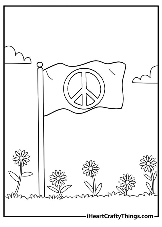 Free Hippie coloring pages coloring page featuring a peace flag above a meadow