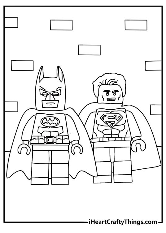 Free LEGO Batman coloring pages printable with Batman and Superman beside a brick wall