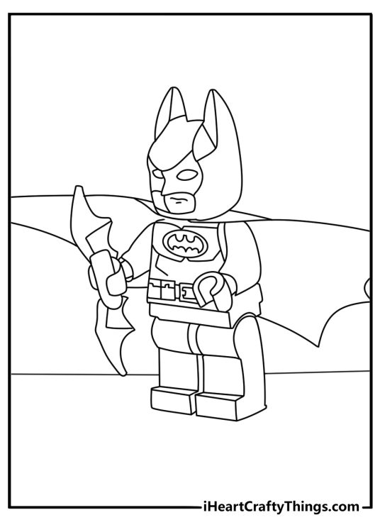 Free LEGO Batman printable of Batman building a small bat drone from bricks