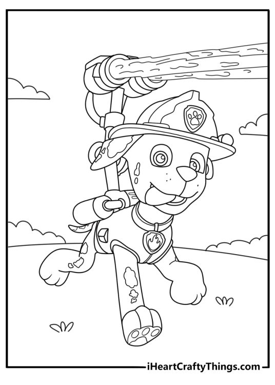 Free Paw Patrol themed coloring sheet for kids featuring Marshall spraying water