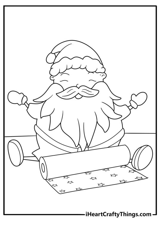 Free Santa printable coloring page rolling out wrapping paper on the floor