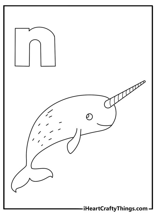 Free alphabet printable showing a narwhal near lowercase n