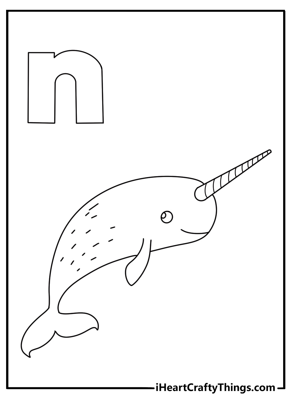 Free alphabet printable showing a narwhal near lowercase n