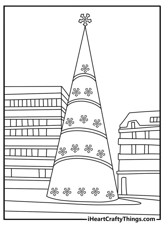 Free coloring sheet featuring a Christmas tree at the center of a town square