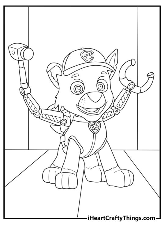 Free coloring sheet for children presenting Paw Patrol character Rocky with his tools