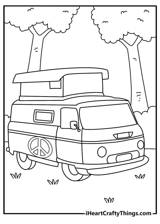 Free hippie coloring pages printable featuring a retro camper parked near trees