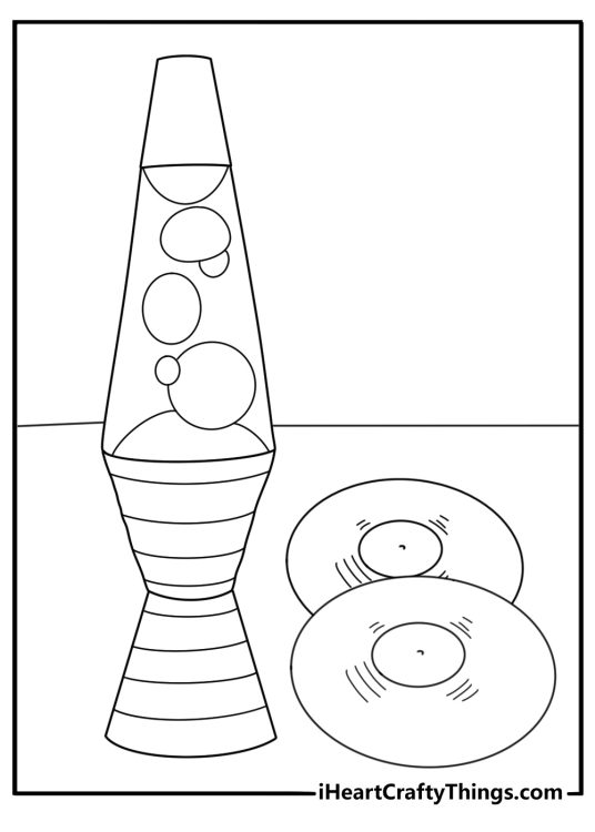 Free hippie printable showing a retro lava lamp beside vinyl records