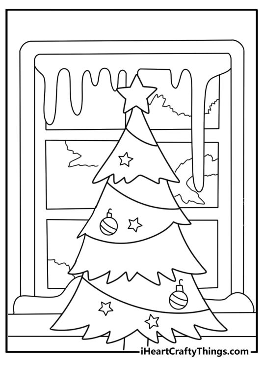 Free holiday printable with a tree standing beside a snowy window