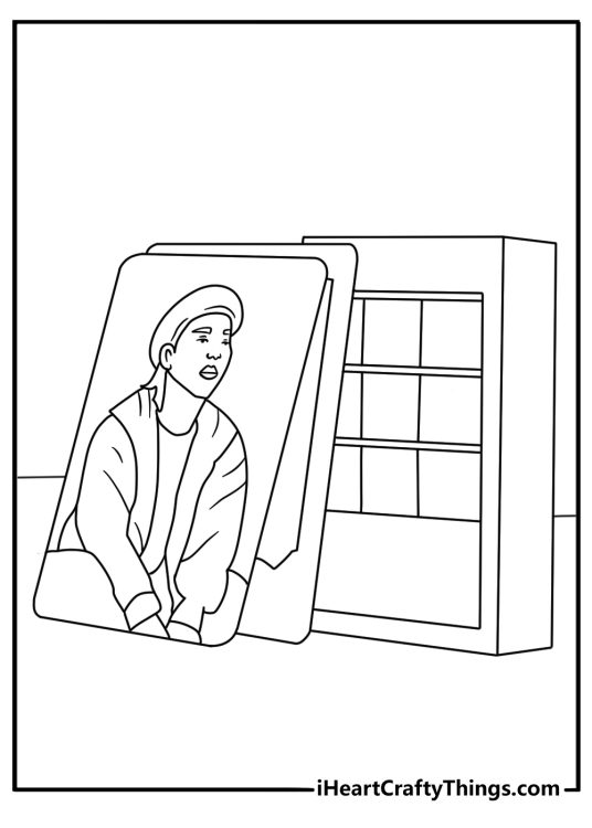 Free printable BTS coloring sheet with album boxes and photo cards