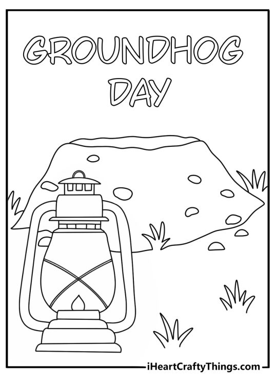 Free printable Groundhog Day coloring sheet with a lantern near a groundhog den