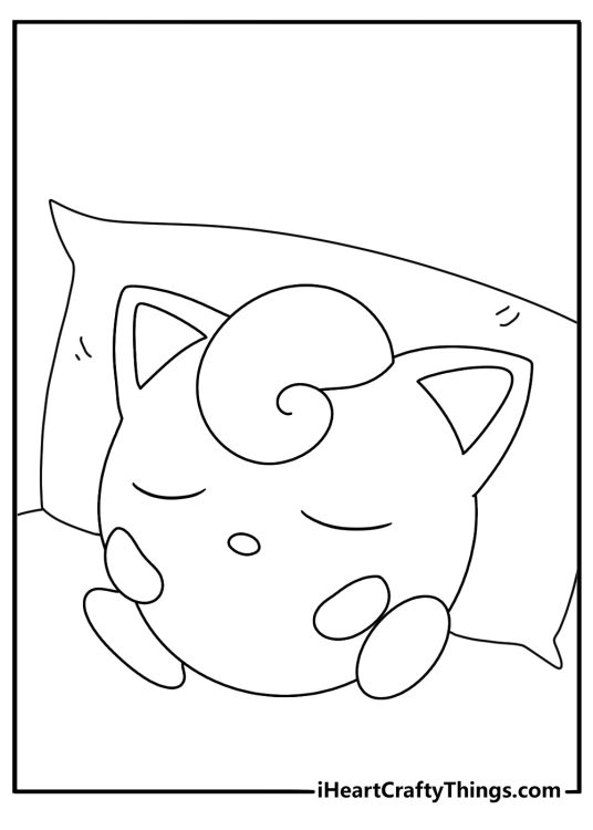 Free printable Jigglypuff coloring sheet with Jigglypuff resting on a soft pillow