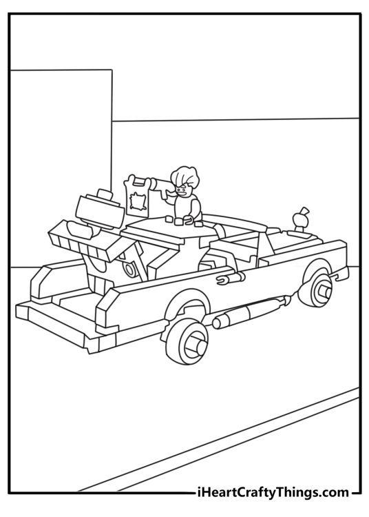 Free printable LEGO Batman coloring sheet with Joker driving a funny getaway car