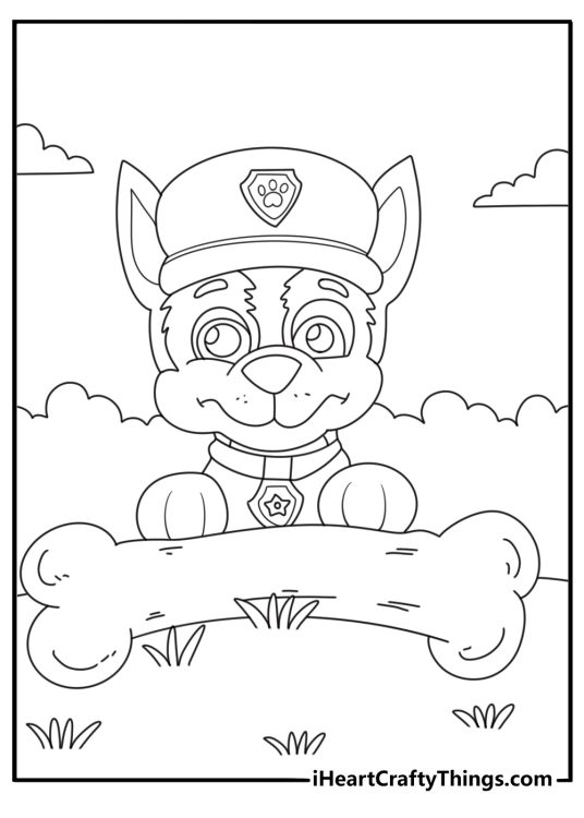Free printable coloring pdf depicting Chase from the Paw Patrol featured behind a huge bone