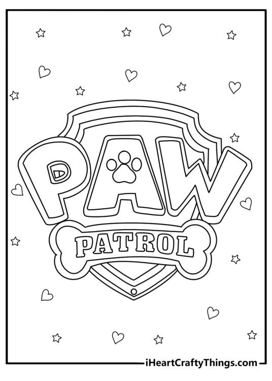 Free printable coloring sheet featuring Paw Patrol logo surrounded by hearts and stars