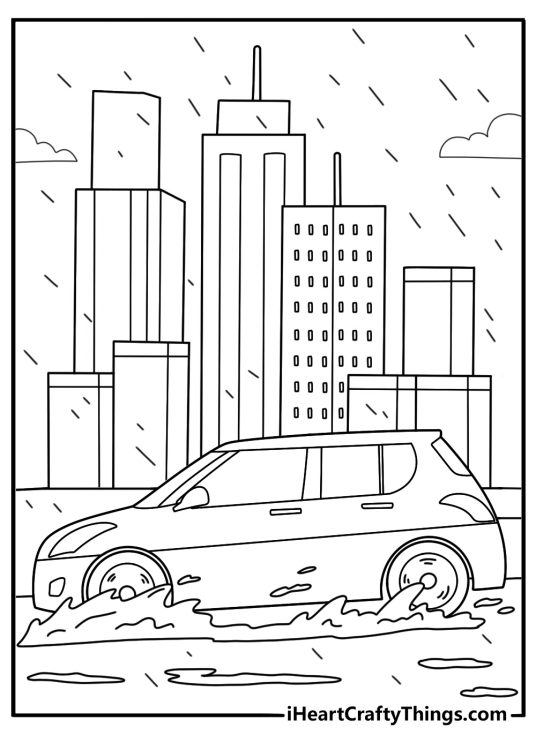 Free printable coloring sheet of city street with cars driving through rain