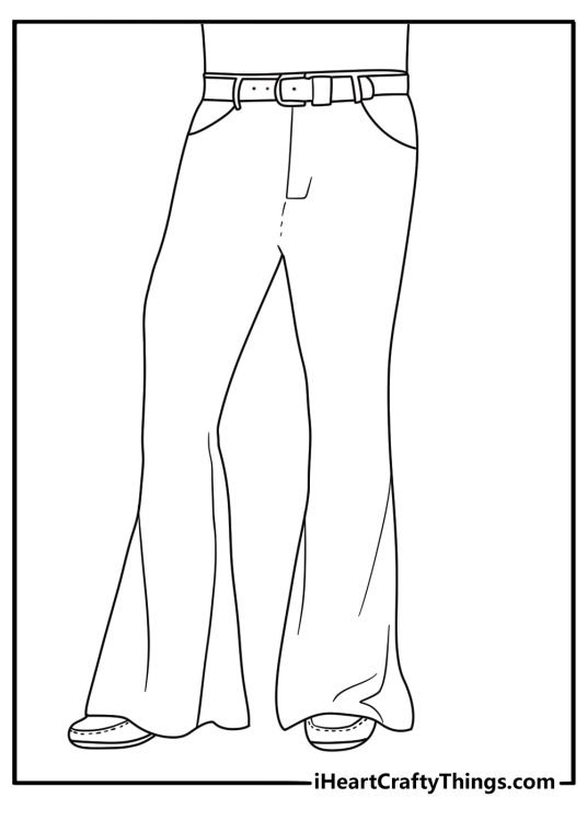Free printable hippie coloring sheet with bell bottom pants and platform shoes
