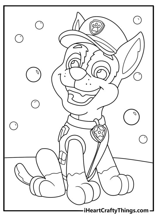 Free printable pdf for kids featuring playful Chase from Paw Patrol with bubbles in the background