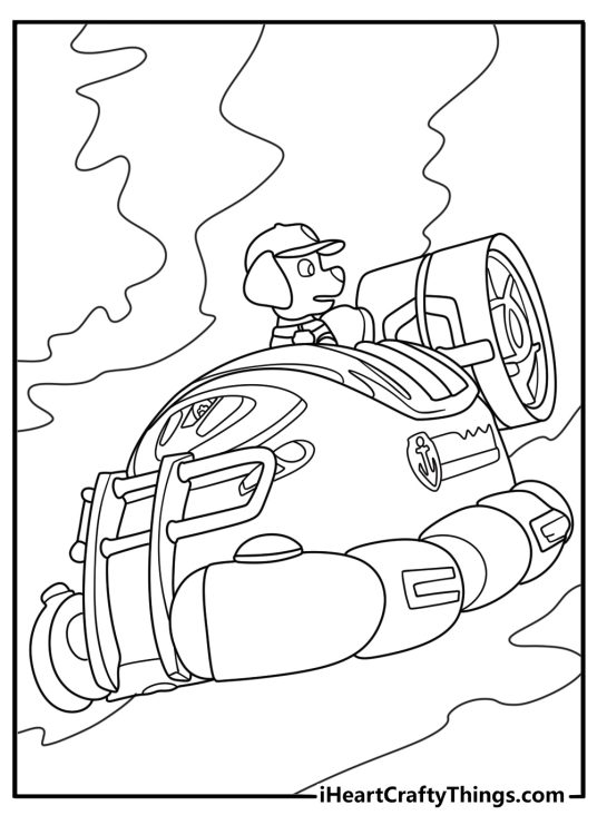 Free printable pdf to color of a Zuma from Paw Patrol featured in his hovercraft