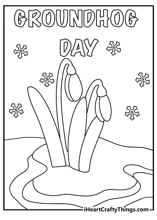 Groundhog Day coloring page for kids featuring spring flowers beside melting snow