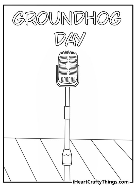 Groundhog Day coloring pages scene featuring a town ceremony stage and microphone