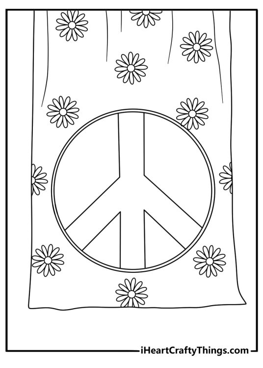 Hippie coloring page featuring a daisy covered peace sign on a blanket