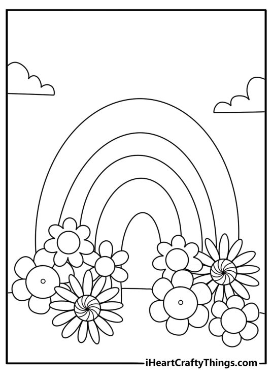 Hippie coloring page for kids featuring a rainbow arch over wildflowers