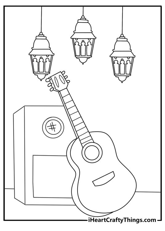 Hippie coloring pages scene featuring a campsite with lanterns and acoustic music gear