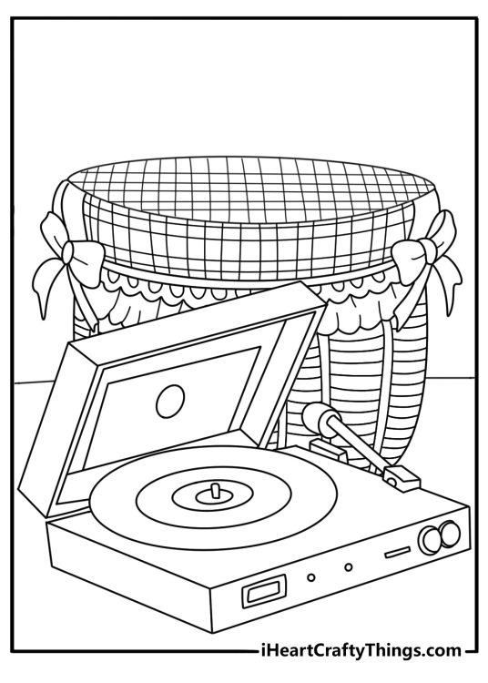 Hippie coloring printable showing a picnic basket beside a record player