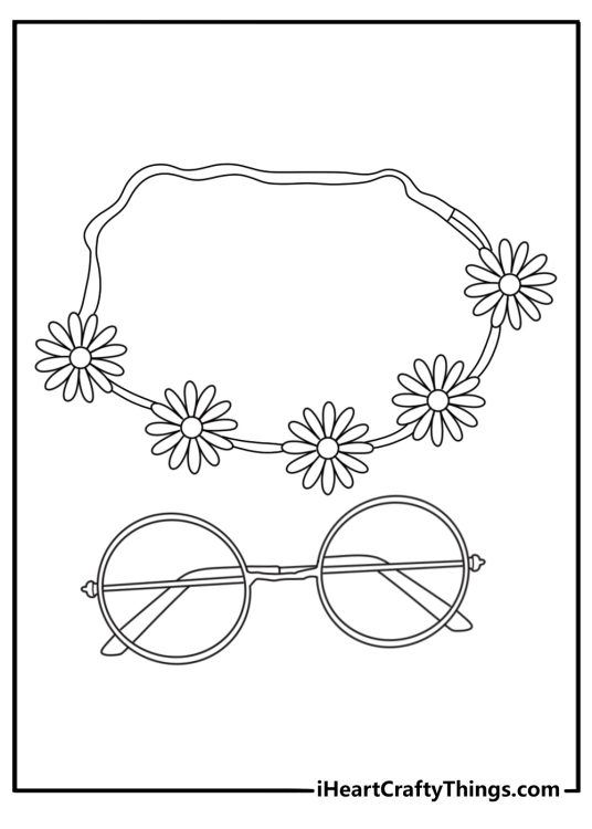 Hippie coloring sheet with a pair of round glasses and a flower necklace