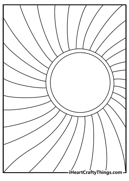 Hippie coloring sheet with a sun face framed by swirling rays