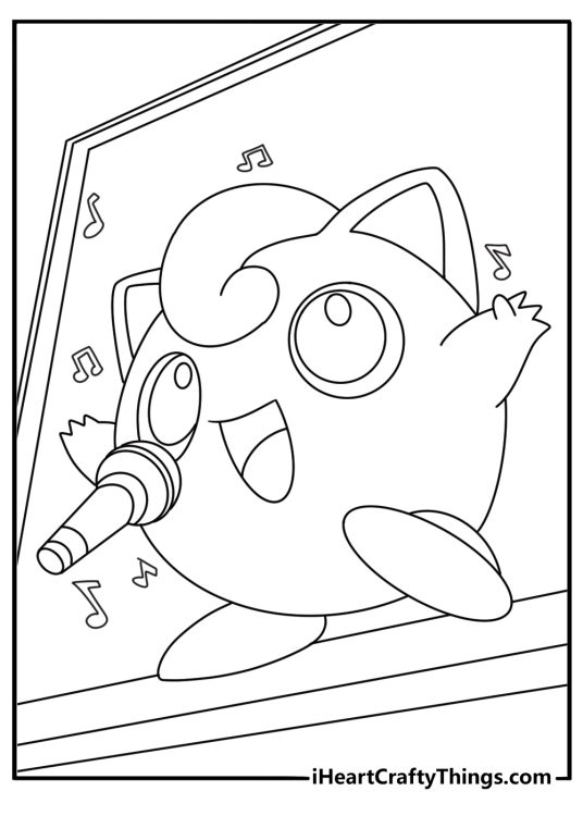 Jigglypuff coloring page for kids with Jigglypuff beside a karaoke screen