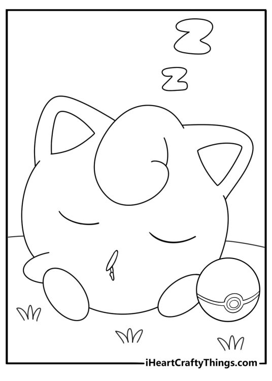 Jigglypuff coloring page with Jigglypuff sleeping beside a Pokeball