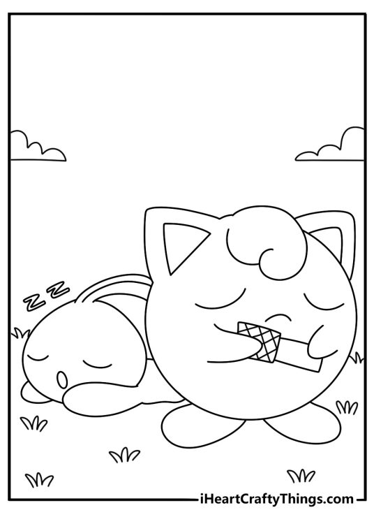 Jigglypuff coloring sheet with Jigglypuff beside sleeping Pokemon friends