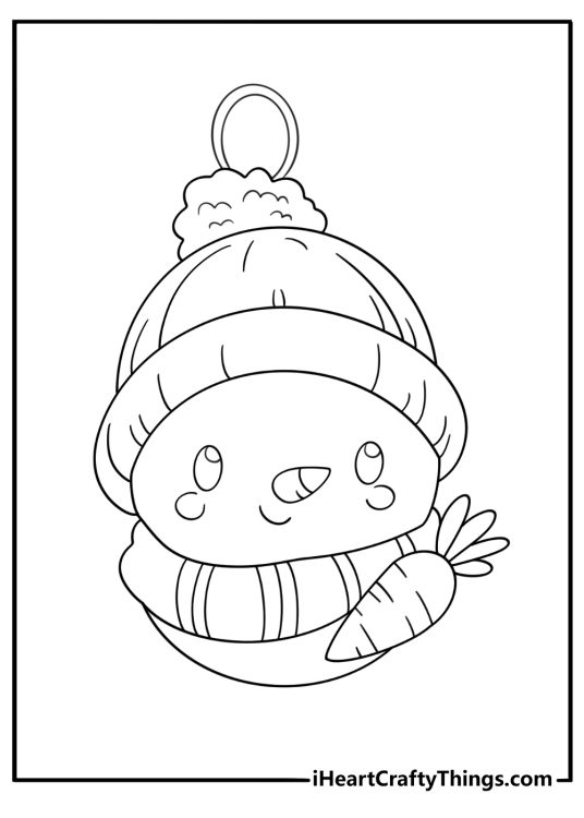 Kawaii Christmas ornament coloring page with cute round face wearing knit beanie and scarf simple for kids