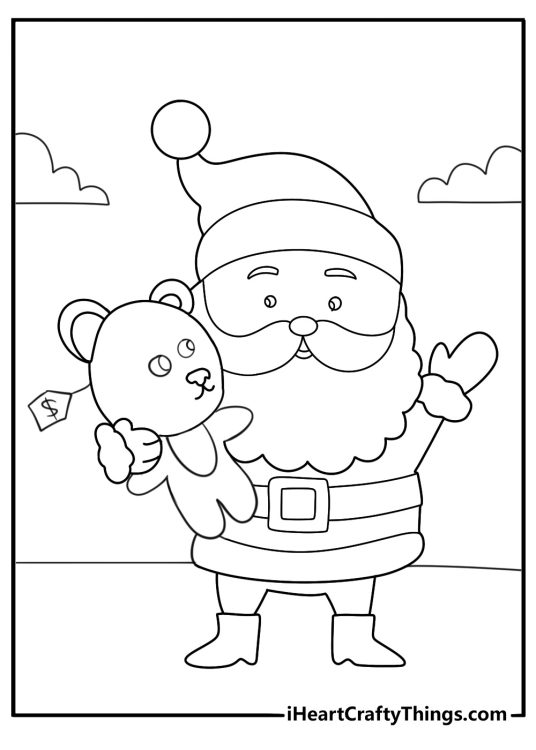 Kawaii Santa coloring page hugging a teddy bear for preschoolers