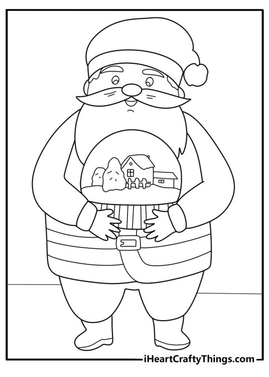 Kawaii Santa coloring sheet holding a snow globe with tiny village