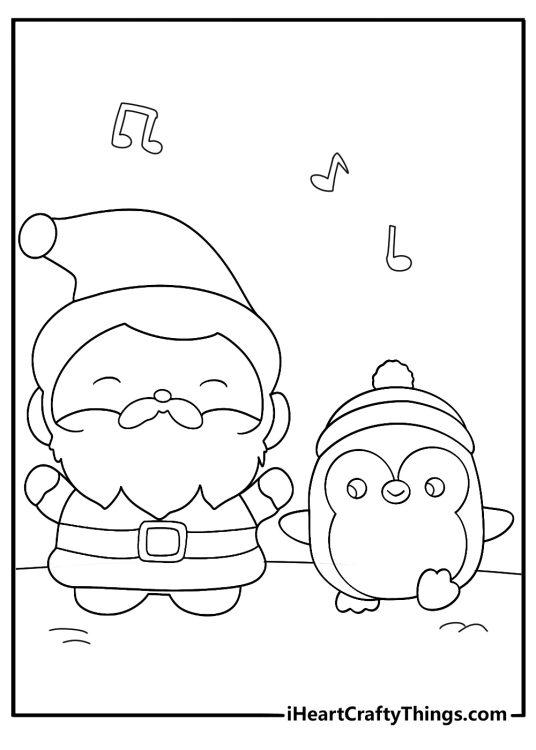 Kawaii Santa printable coloring sheet dancing with a small penguin