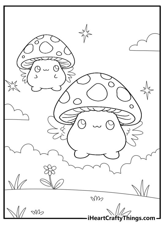 Kawaii mushroom with tiny wings flying in the sky fantasy coloring sheet