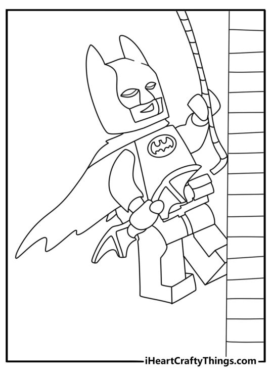 LEGO Batman coloring page for kids with Batman climbing a brick wall