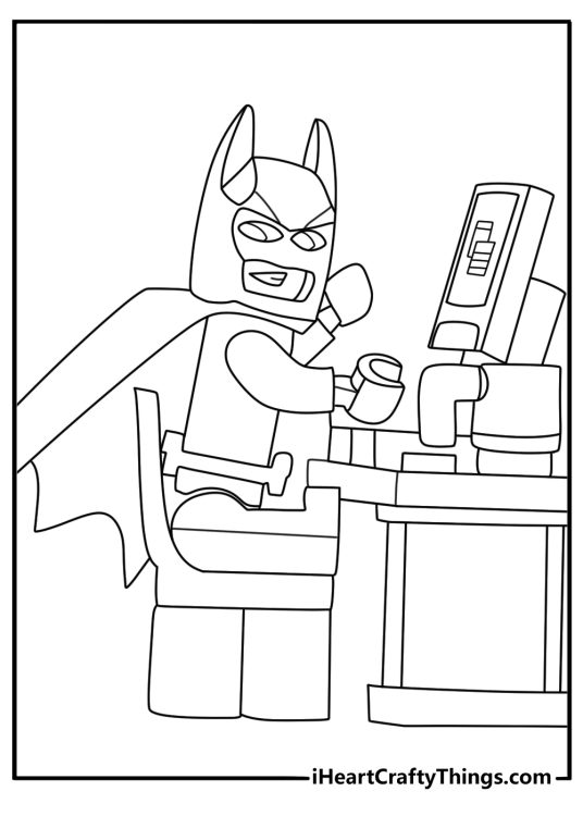 LEGO Batman coloring page with Batman checking gadgets on a computer screen
