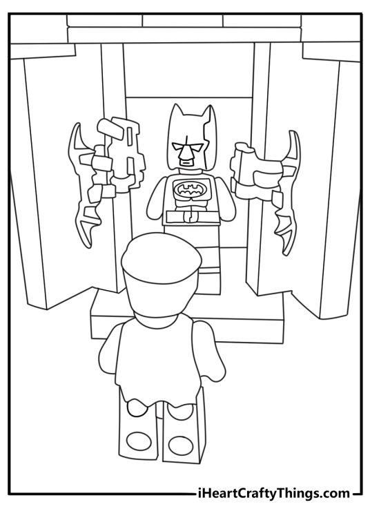 LEGO Batman coloring pages scene with Batman opening a vault of bat suits
