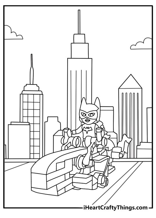 LEGO Batman coloring printable with Batgirl riding a scooter near the city