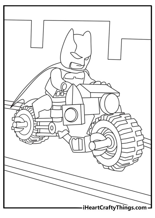 LEGO Batman coloring sheet with Batman riding a bat cycle through a street