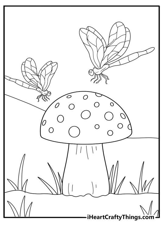 Large mushroom surrounded by dragonflies and tall grass printable coloring page