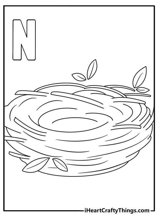 Letter N coloring page featuring a nest beside uppercase N