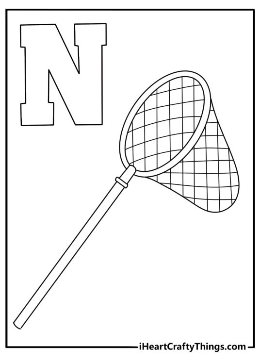 Letter N coloring page for kids showing a net near the alphabet symbol