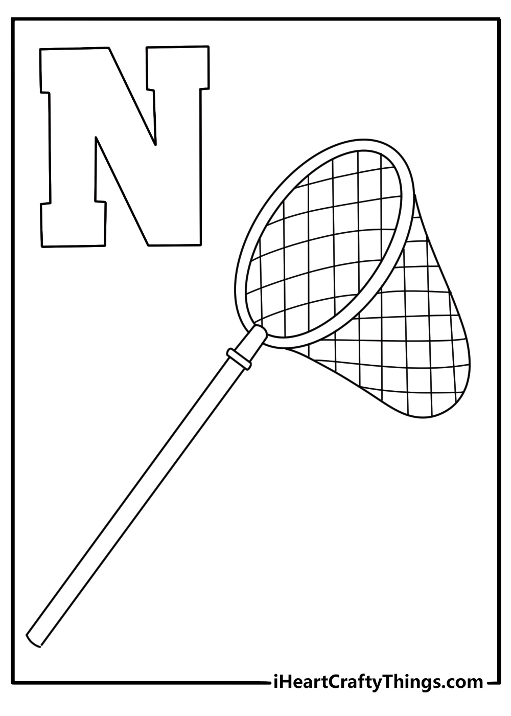 Letter N coloring page for kids showing a net near the alphabet symbol
