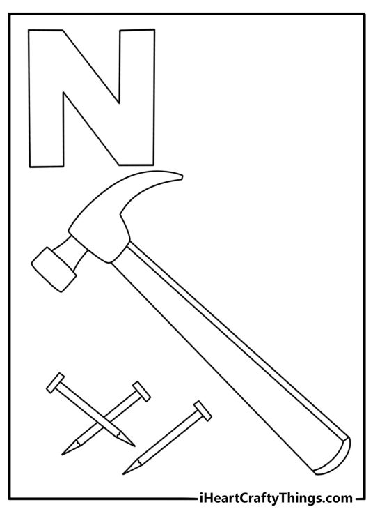 Letter N coloring pages scene featuring a nail and small hammer