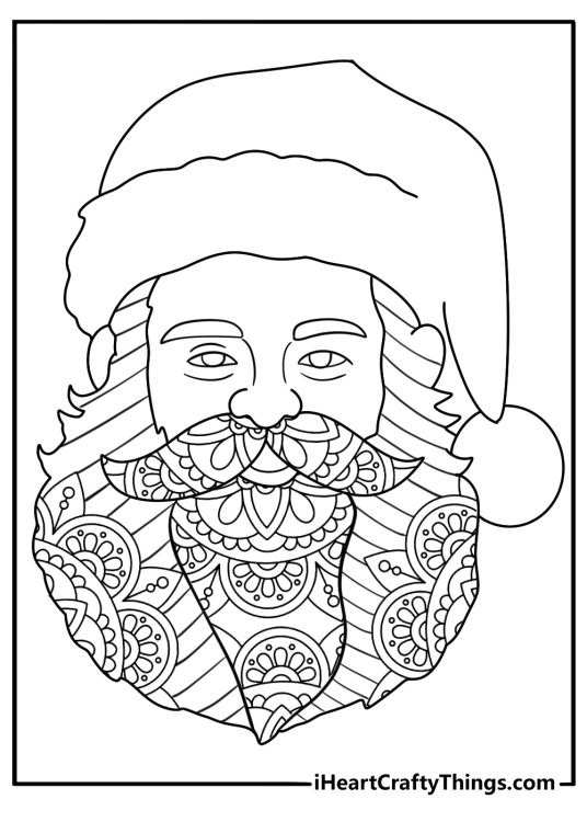 Mandala Santa coloring sheet for adults with intricate beard patterns