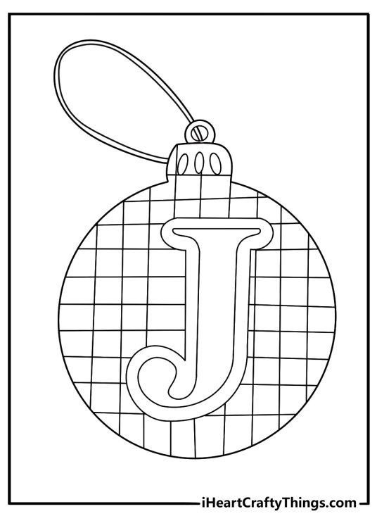 Monogram letter Christmas ornament printable coloring page metal circle frame with big initial in center
